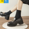 聚范乐福鞋女2024夏新款厚底增高黑色小皮鞋一脚蹬复古英伦粗跟单鞋秋