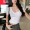 YIBUSHENG美式辣妹性感低U领短袖t恤女季修身显瘦小衫高腰露肚脐短款上衣