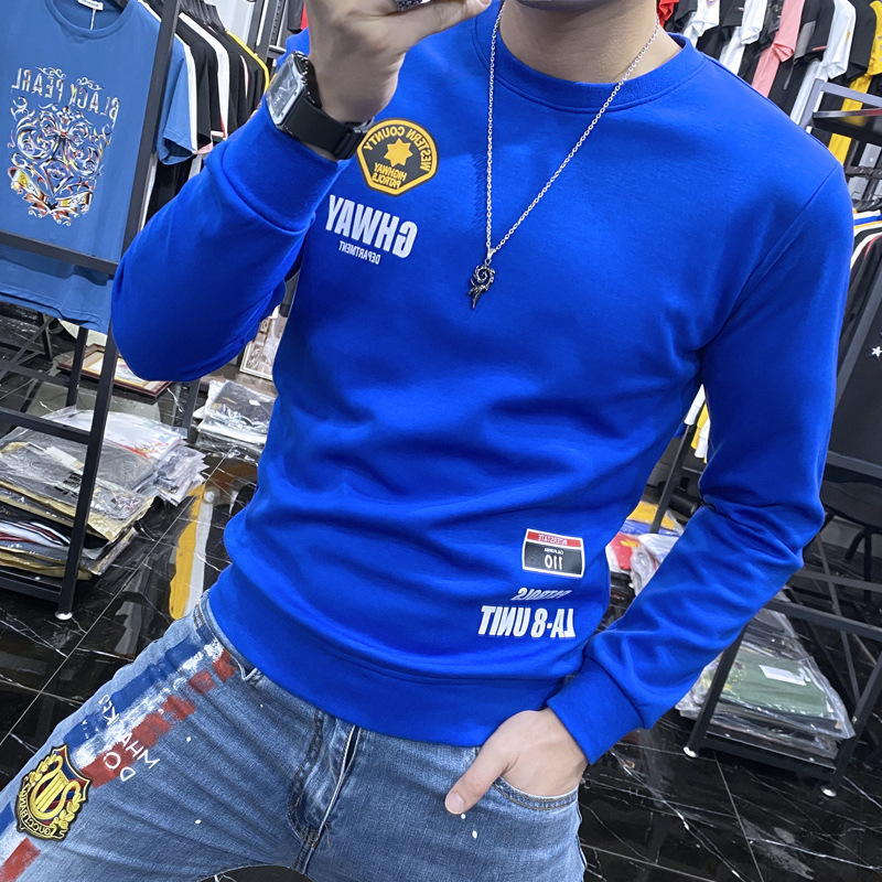 欧洲站2024男士秋冬新款网红打底衫男时尚字母多标韩版休闲卫衣男高清大图