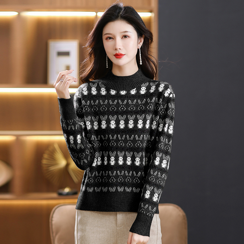 2024春秋新款半高领双股羊绒衫女半高领100%纯山羊绒毛衣印花针织衫宽松慵懒毛衣套头女装上衣针织打底衫加厚外搭毛衣女高清大图