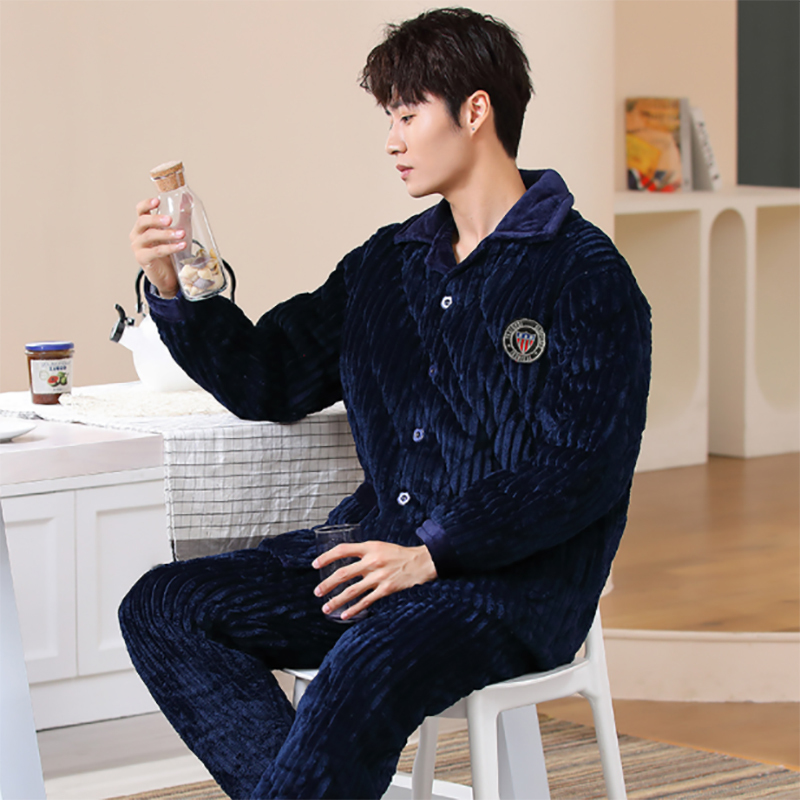 睡衣男冬季加厚保暖珊瑚绒家居服三层夹棉法兰绒可外穿秋加绒套装莎丞