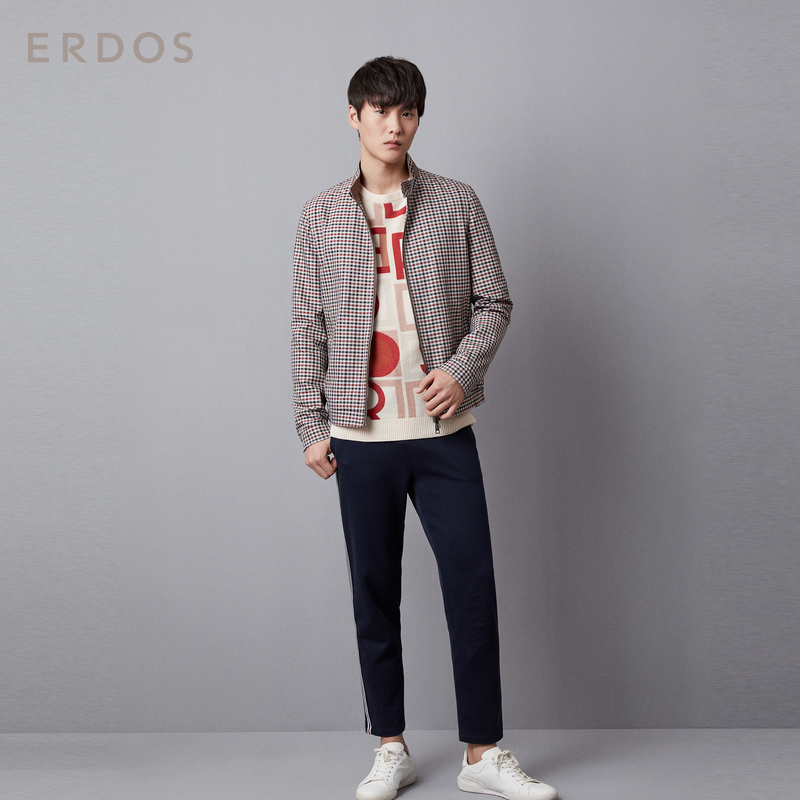ERDOS 新款男士立领格纹夹克拉链短款上衣外套领口一粒扣