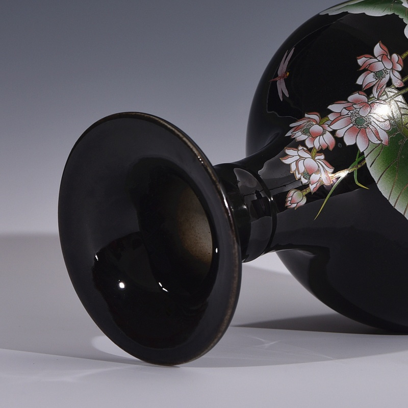 陶瓷器乌金釉花瓶现代家居客厅装饰品摆件荷花粉彩赏瓶-乌金釉赏瓶 送