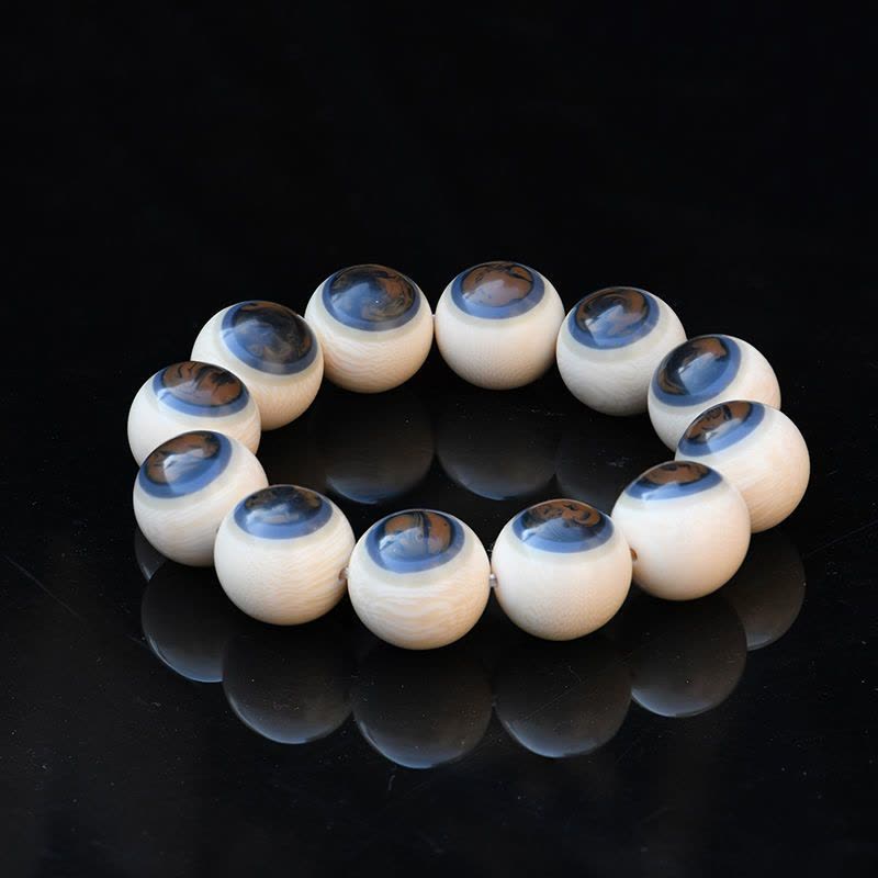 猛犸蓝眼手串10mm 天然原矿5A冰料猛犸象牙蓝眼睛手串满纹蓝皮佛珠手链