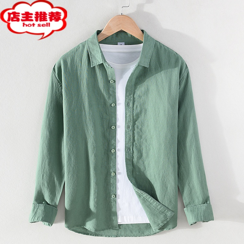 shanchao春季亚麻衬衫男长袖宽松休闲薄款纯色日系复古工装白棉麻衬衣