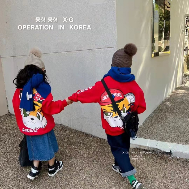韩国童装男女中大童冬季新年红色过年装老虎本命年儿童加绒卫衣潮