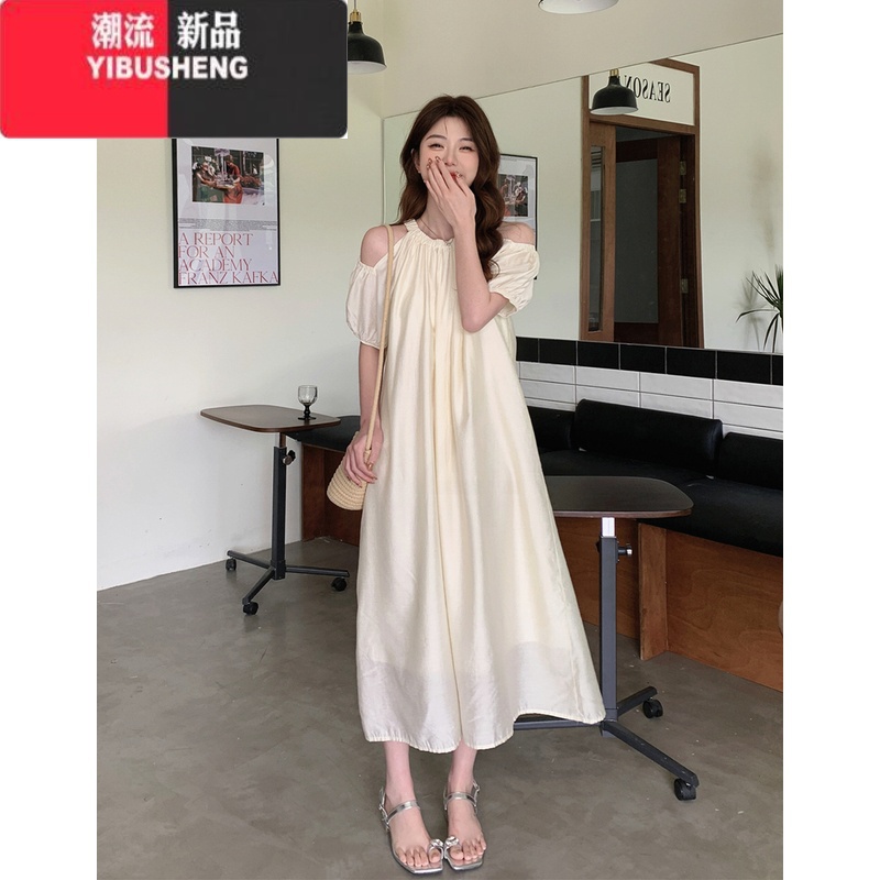 YIBUSHENG大码法式雪纺连衣裙女季梨形身材露肩a字裙宽松胖MM遮肚子裙子高清大图