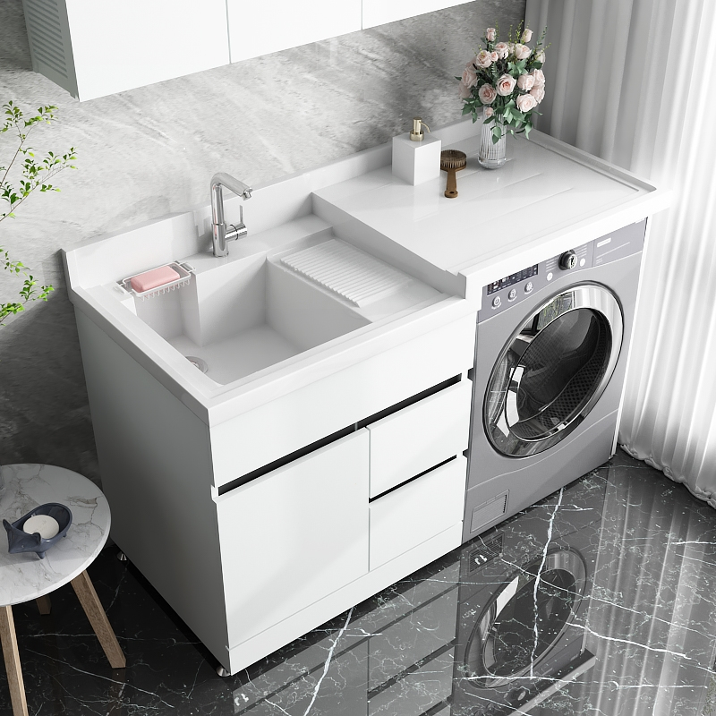 古达不锈钢阳台洗衣机柜组合石英石一体台盆定制水槽切角浴室带搓衣板