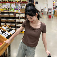 唐狮2023新款设计感白色短款小衫时髦短袖T恤女夏季辣妹紧身体恤x_052577 S C款/咖色