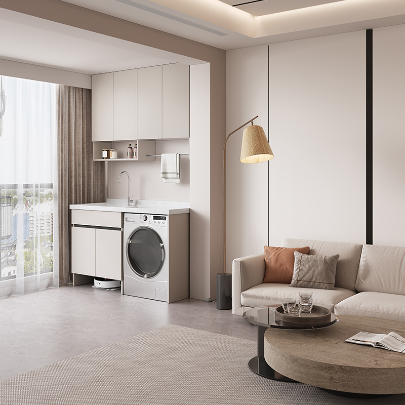 洗衣机柜可定制太空铝石英石一体阳台浴室柜带搓板台盆柜组合洗衣柜伴侣高清大图