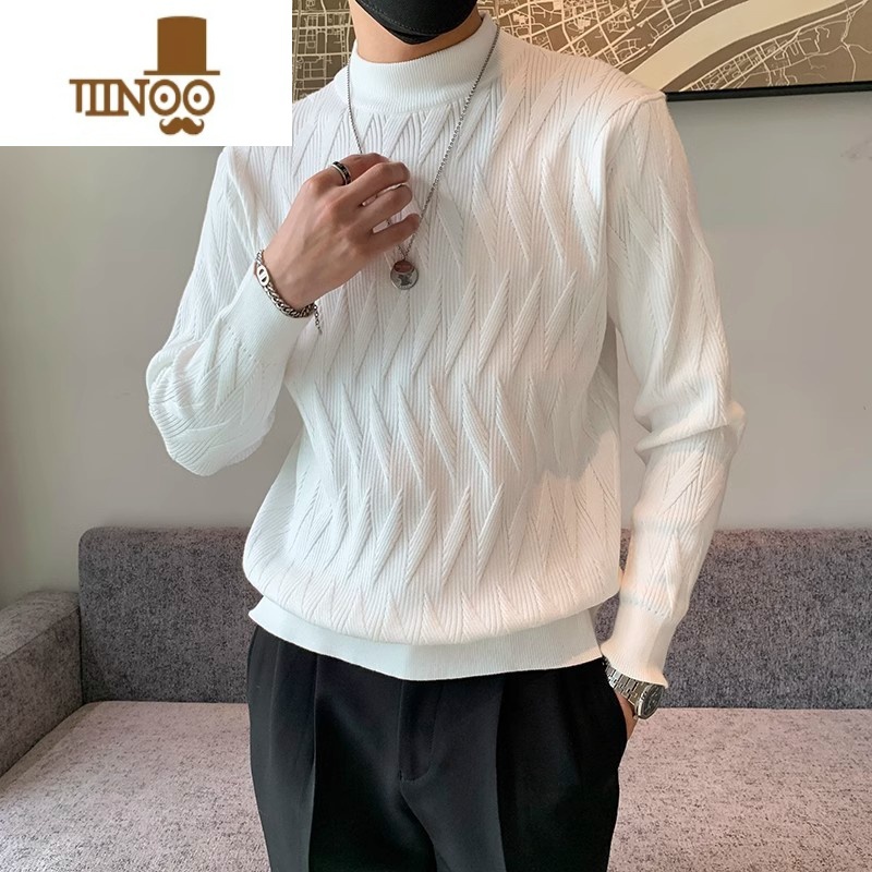 YANXU半高领毛衣男厚款宽松韩版潮流保暖中领打底毛线衣针织衫男高清大图
