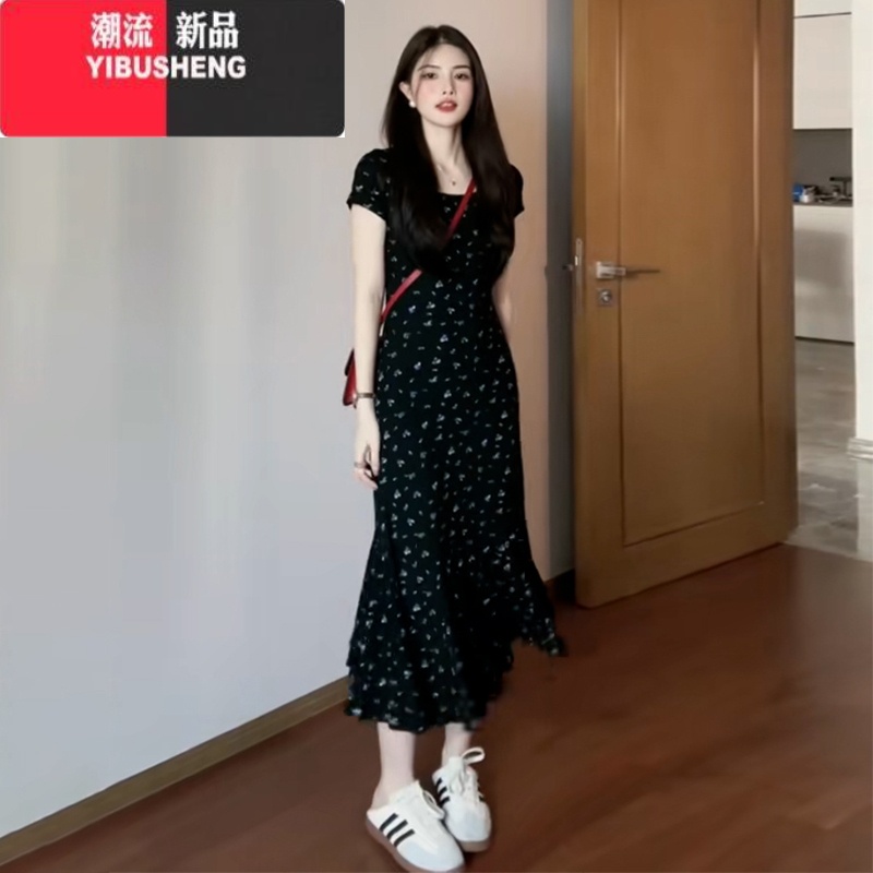 YIBUSHENG法式黑色碎花连衣裙女季2024年新款小众设计感气质收腰显瘦长裙 长裙超好看连衣裙/高端精致连衣裙/今年流行爆款裙子/茶歇法式 45/55kg/M