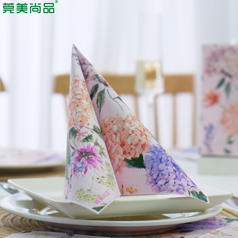 莞美尚品花开富贵绣球彩色餐巾纸原生木浆纸巾三层加厚便携装12包