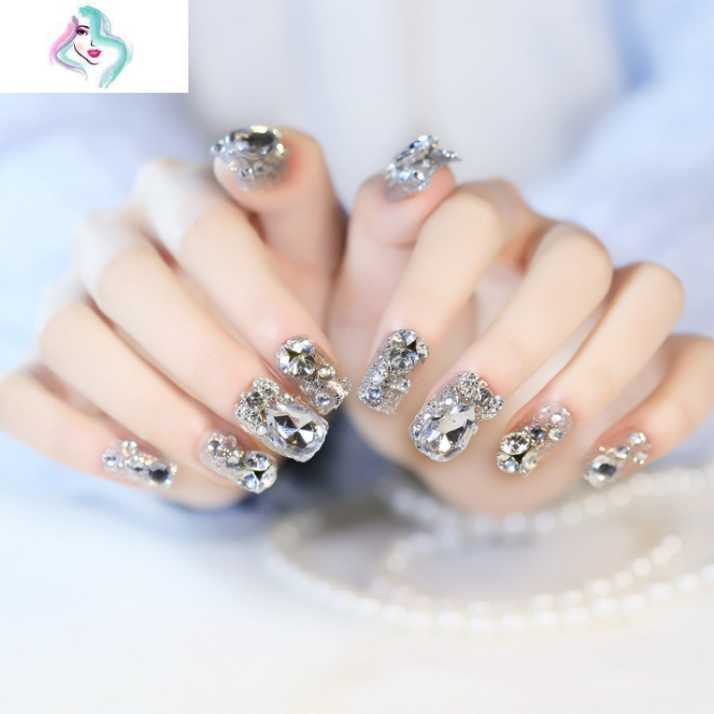 闪粉大钻款新娘指甲美甲贴片成品婚纱可反复拆卸指甲可穿戴式指甲你