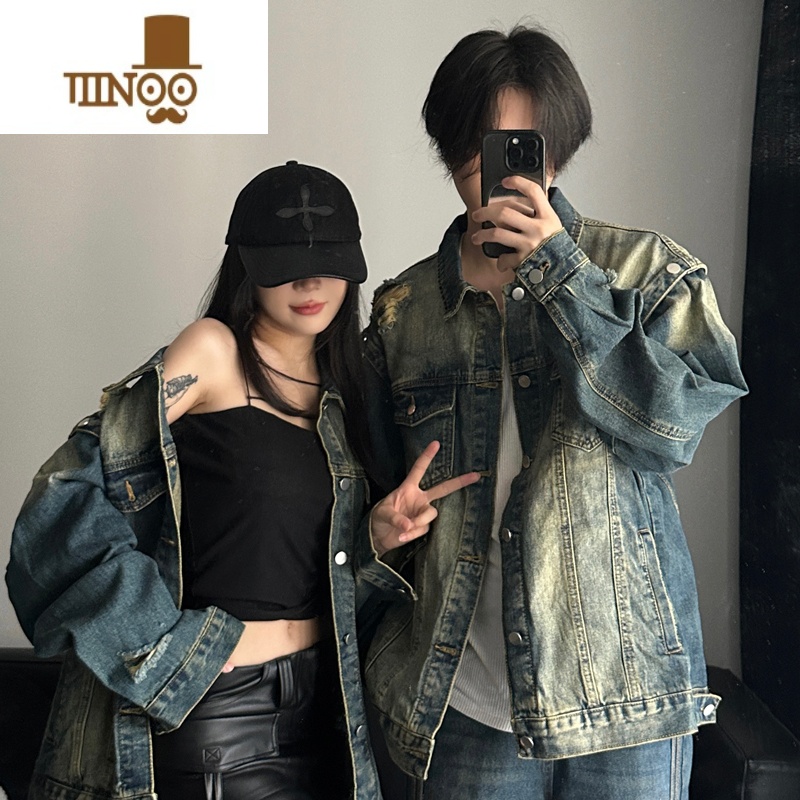 YANXU美式复古水洗做旧牛仔外套早秋情侣装设计感宽松破洞翻领夹克上衣高清大图