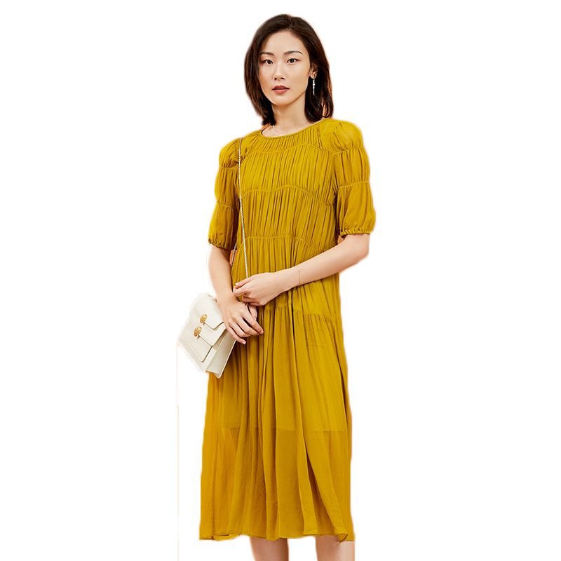 enjoyme长款连衣裙20女装春季新品气质打褶短袖