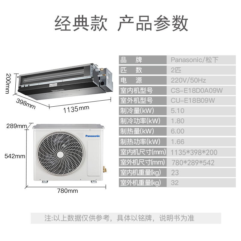 Panasonic松下2匹一级变频家用客厅中央空调一拖一风管机E系列E18D0A09W