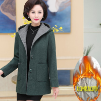 迪鲁奥（DILUAO)【新款妈妈装】中老年毛呢外套女2019新款妈妈春装中长款带帽呢子大衣春秋上衣_537 2XL(建议111-125斤左右) 绿色加棉款