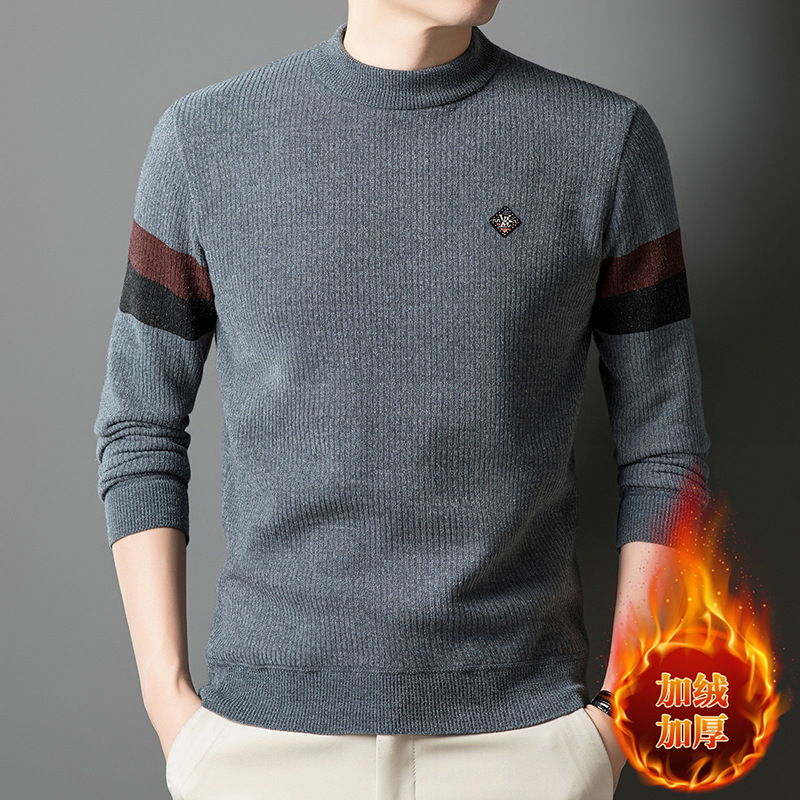 男士高档雪貂绒毛衣秋冬季加绒半高领纯色针织衫柔软中年线衣男装_81116 灰色 L
