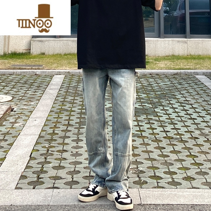 YANXU国潮牌美式街头做旧水洗直筒牛仔裤男oversize设计感宽松百搭长裤高清大图