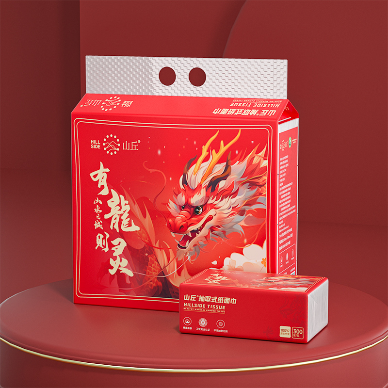 山丘熊猫纸龙年特别装抽纸软包抽取式餐巾纸3层100抽8包卫生纸