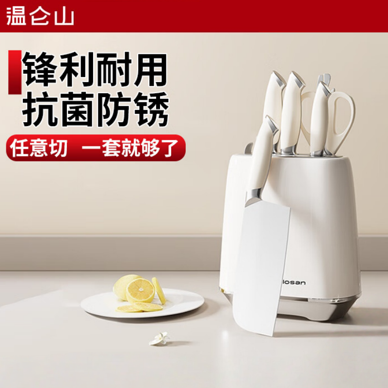 温仑山厨房不锈钢菜刀切片刀水果刀砍骨刀瓷光奶油鹅卵石刀具套装六件套 VE075高清大图