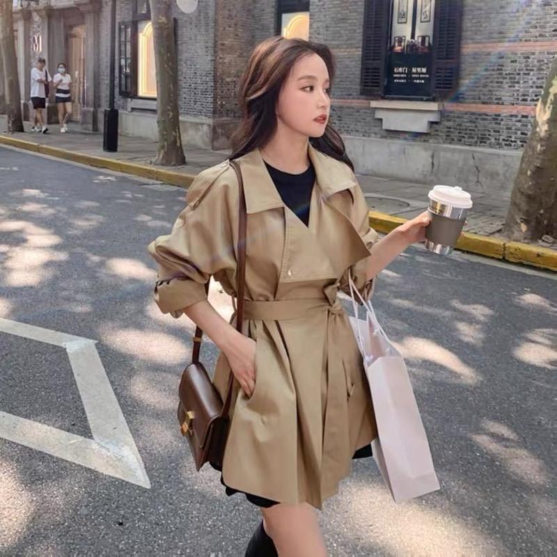 2021春秋韩版气质风衣女短款小个子英伦风休闲卡其色收腰短外套潮 卡其色 M 90-115斤