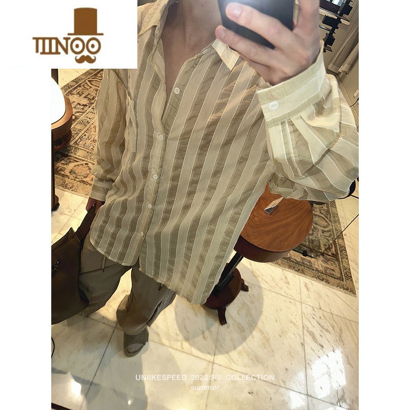 YANXU慵懒条纹轻薄防晒长袖衬衫男美式复古文艺男女潮流中性风入秋衬衣高清大图