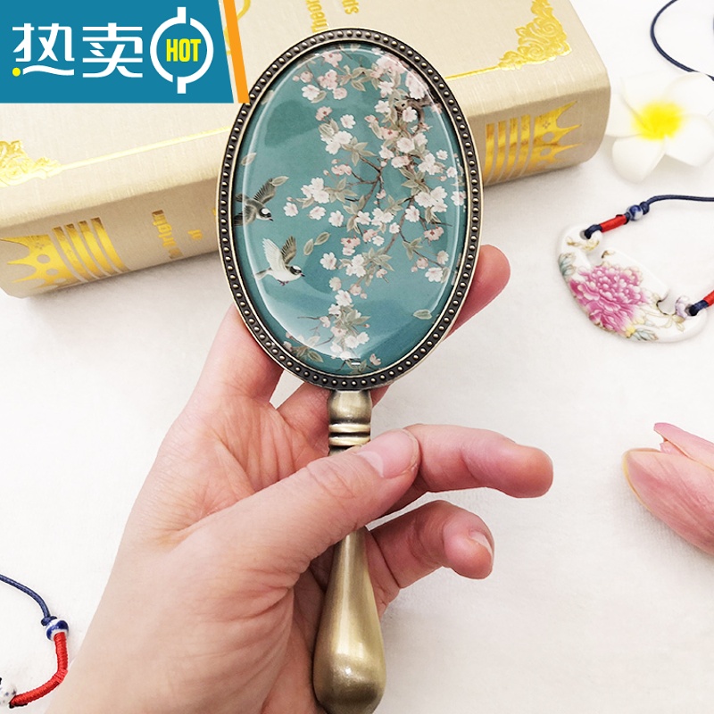 敬平欧式复古青铜金属手柄镜子女化妆镜小号便携随身少女公主圆手持镜 黄底紫绿两只蝴蝶便携式用镜高清大图