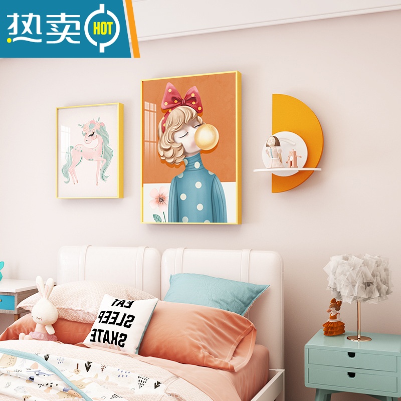 敬平儿童房装饰画粉色卡通少女心温馨卧室床头二联挂画房间背景墙壁画装饰画 俏皮公主金色框 小号30*40+25*30cm铝合金边框+艺术晶瓷画随机送个