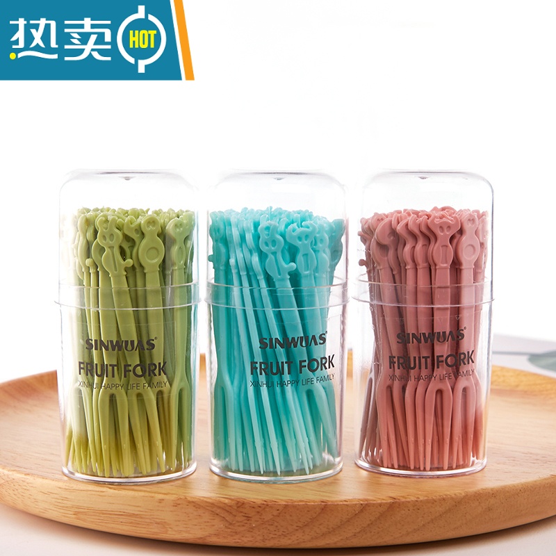 敬平水果叉套装水果签塑料KVT酒吧吃水果蛋糕甜品叉点心小叉子 绿色50支[盒装]高清大图