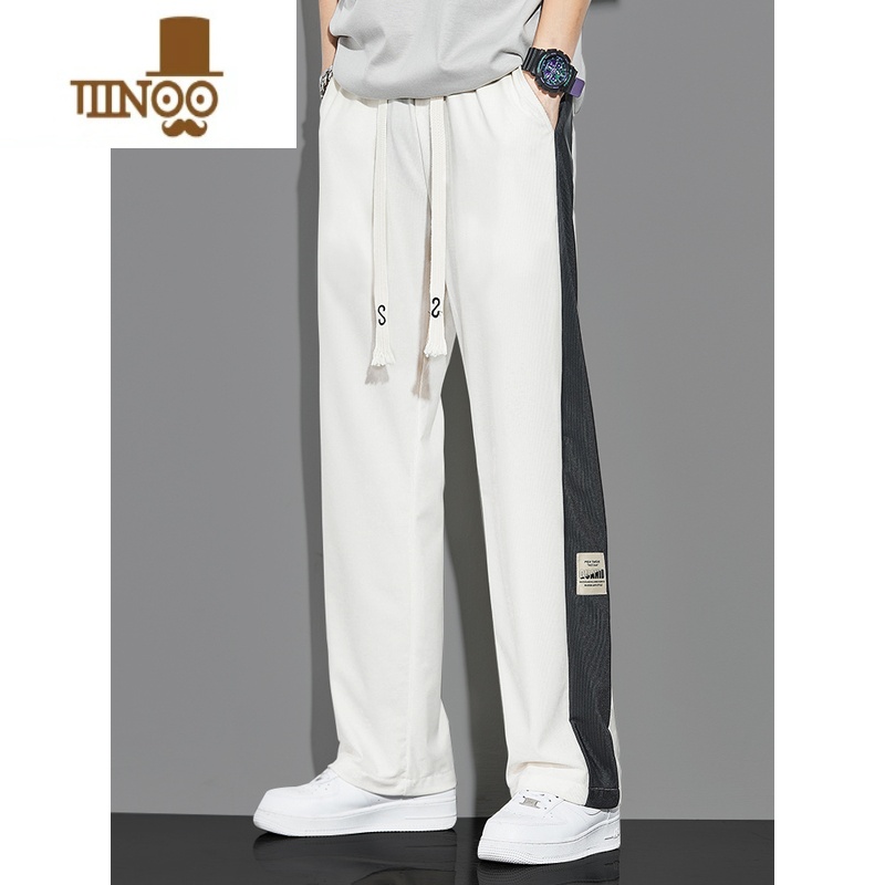 YANXU直筒运动裤男宽松夏季垂感卫裤薄款华夫格阔腿裤男士白色休闲裤子高清大图
