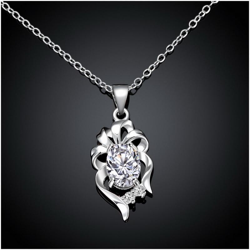 N060Women Silver Necklace镀925纯银镶宝石坠项链女送女友首饰送女朋友七夕情人节礼物