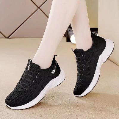 女鞋新款休闲运动鞋跑步鞋平底透气飞织网面鞋韩版 黑色 40