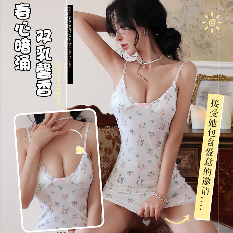 长夜漫漫情趣内衣碎花蕾丝性感低胸纯**吊带包臀性感睡衣女2112 白色+白网袜 均码(80-125斤)