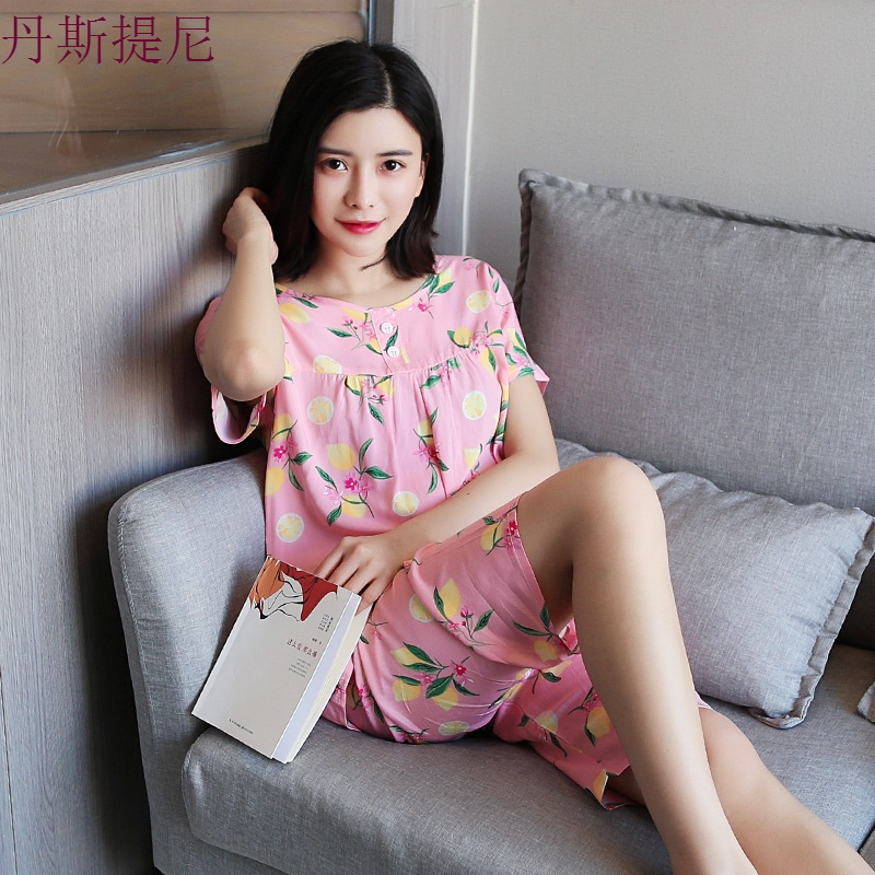 夏季纯棉绸睡衣女套装短袖两件套大码薄款人造棉加肥大宽松家居服