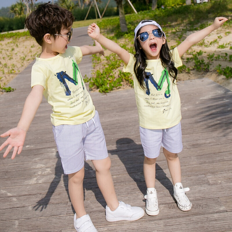 亲子装夏装新款父子母女纯棉字母短袖中大童套装