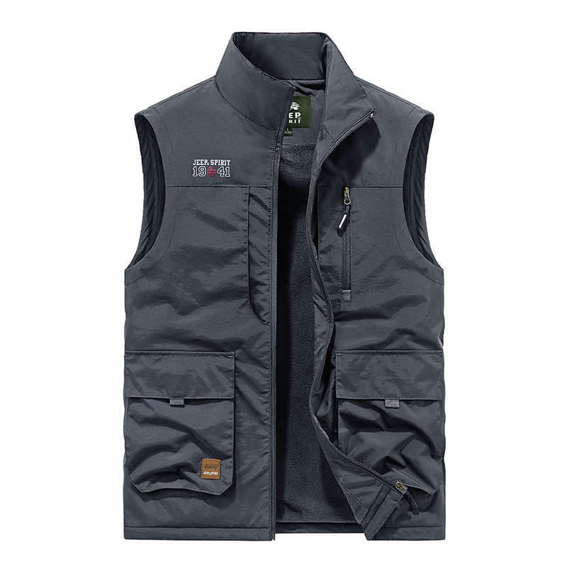 jeepspirit吉普春秋新款加绒加厚多口袋户外休闲钓鱼背心马甲男士中