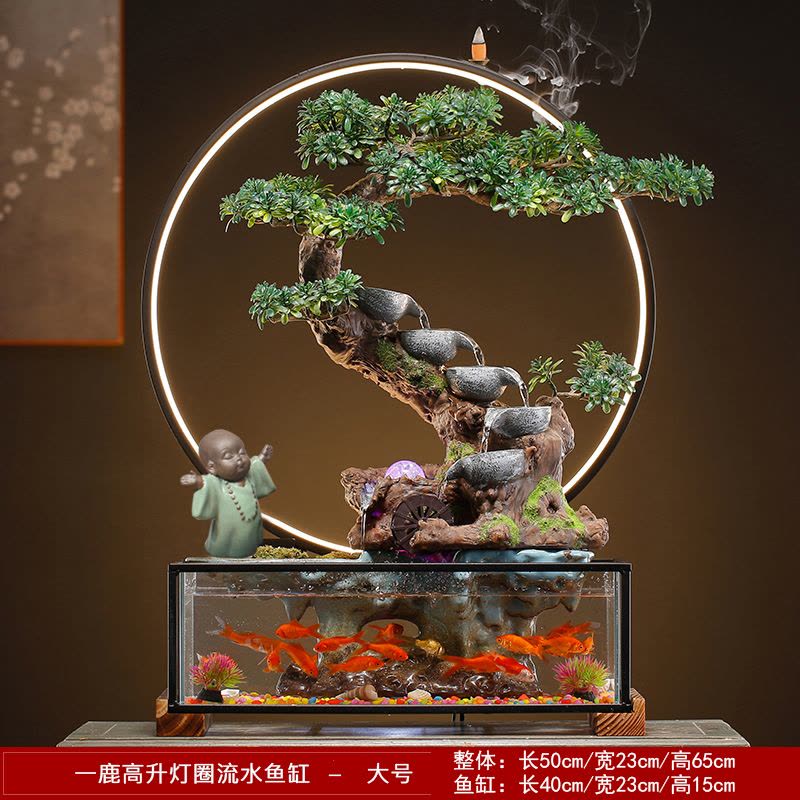 陶瓷流水生财玻璃鱼缸摆件客厅电视柜装饰轮办公开业乔迁礼品图片