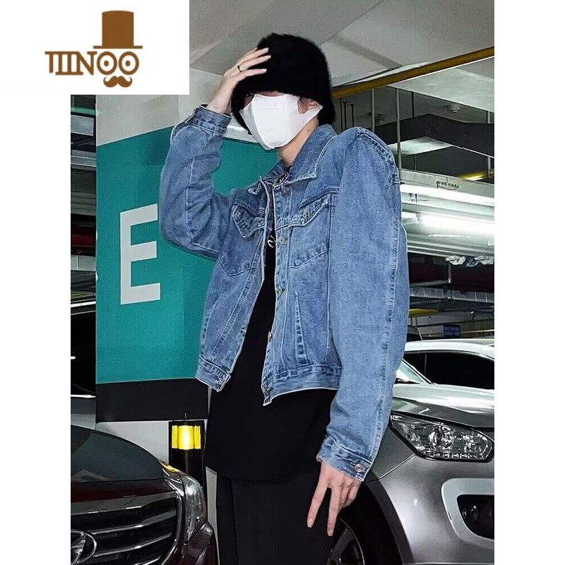 YANXUins美式高街复古压褶垫肩牛仔外套男女 潮牌百搭休闲短款情侣夹男高清大图