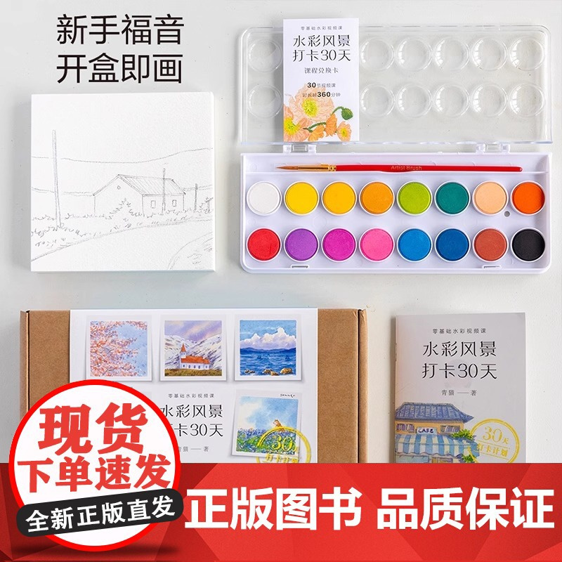 水彩风景打卡30天 零基础水彩视频课 成人初学者入门到精通自学绘画技法 水彩风景基本技法唯美成人绘本水彩教程书