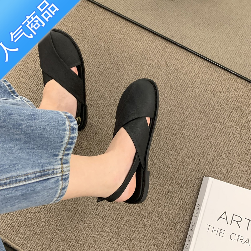 SUNTEK包头凉鞋女可爱学生平底法式圆头外穿2023年夏季软底配裙子的鞋子