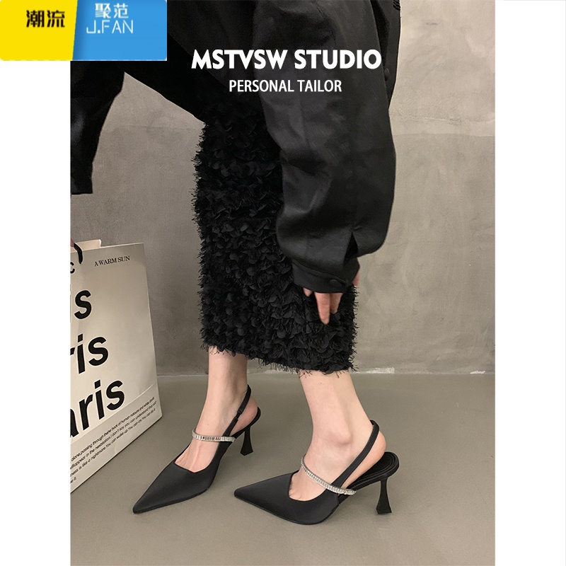 聚范黑色高跟鞋女细跟2024新款尖头包头凉鞋配裙子法式玛丽珍单鞋高清大图