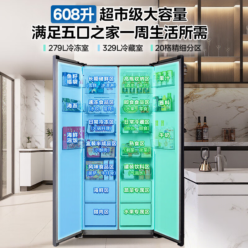 华凌对开门冰箱HR-640WKP 608升变频一级能效机械控温灰色独立式家用大容量双开门冰箱高清大图