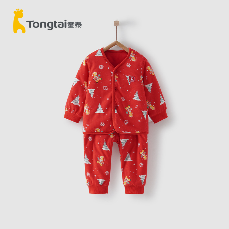 童泰(TONGTAI)2021年款秋冬3-18月婴儿过年衣服喜庆冬装男女宝宝套装红色薄棉两件套儿童套装