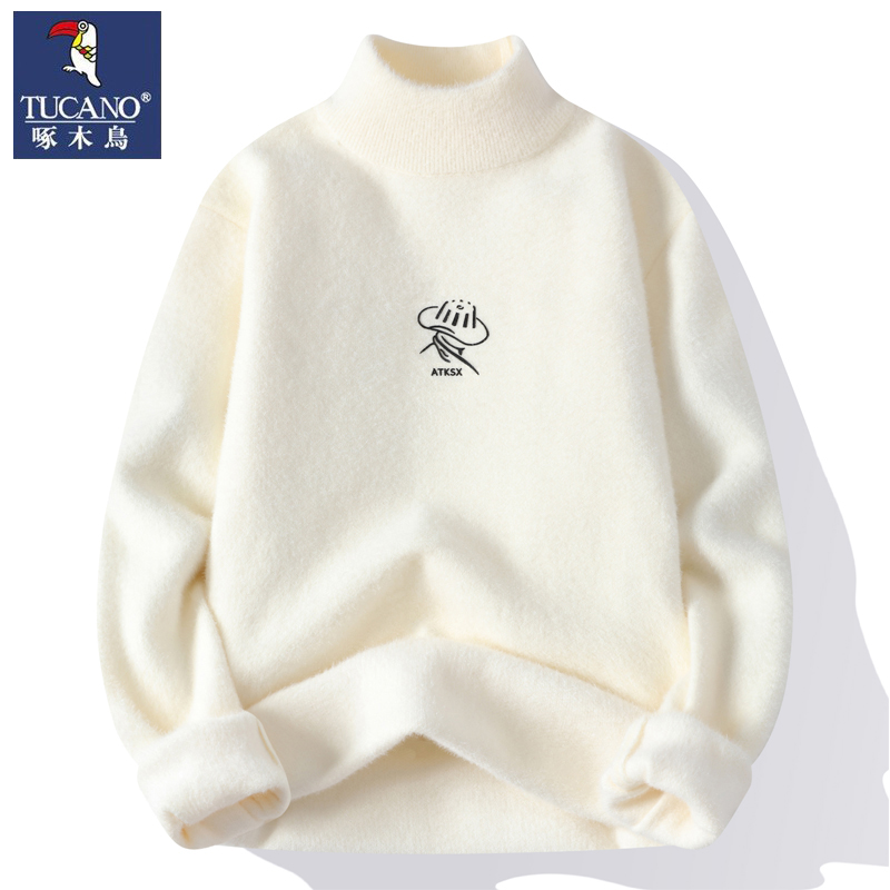 啄木鸟毛衣男冬季加厚加绒半高领打底针织衫男水貂绒潮流保暖上男高清大图