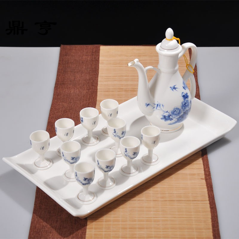 鼎亨酒具套装陶瓷带托盘中式仿古家用分酒壶高脚白酒裂酒杯倒酒器