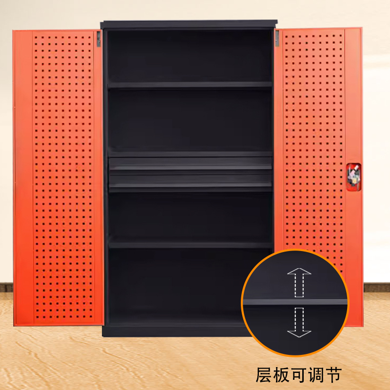 帅畅重型工具柜加厚物件工具储物柜工厂铁皮柜汽修厂零件收纳柜橘色四层二抽带挂板高清大图
