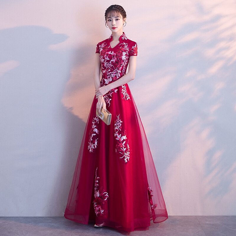 敬酒服新娘夏季2018结婚新款红色端庄大气显瘦长款旗袍晚礼服裙女酒红色小v领喇叭袖长款量身定制不退换