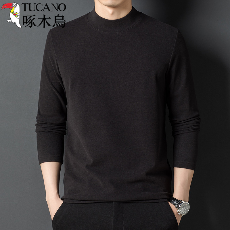 啄木鸟男士秋季半高领纯色长袖T恤中年男装上衣服德绒体恤打底底高清大图
